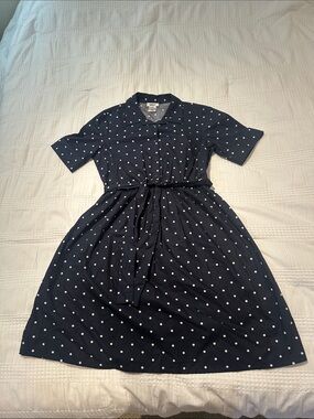 DKNY Navy Polka Dot Shirt Dress with Tie Waist